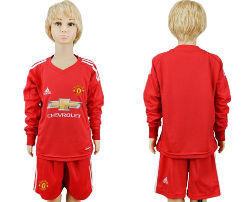 Manchester United Blank Red Goalkeeper Long Sleeves Kid Soccer Club Jersey - Click Image to Close
